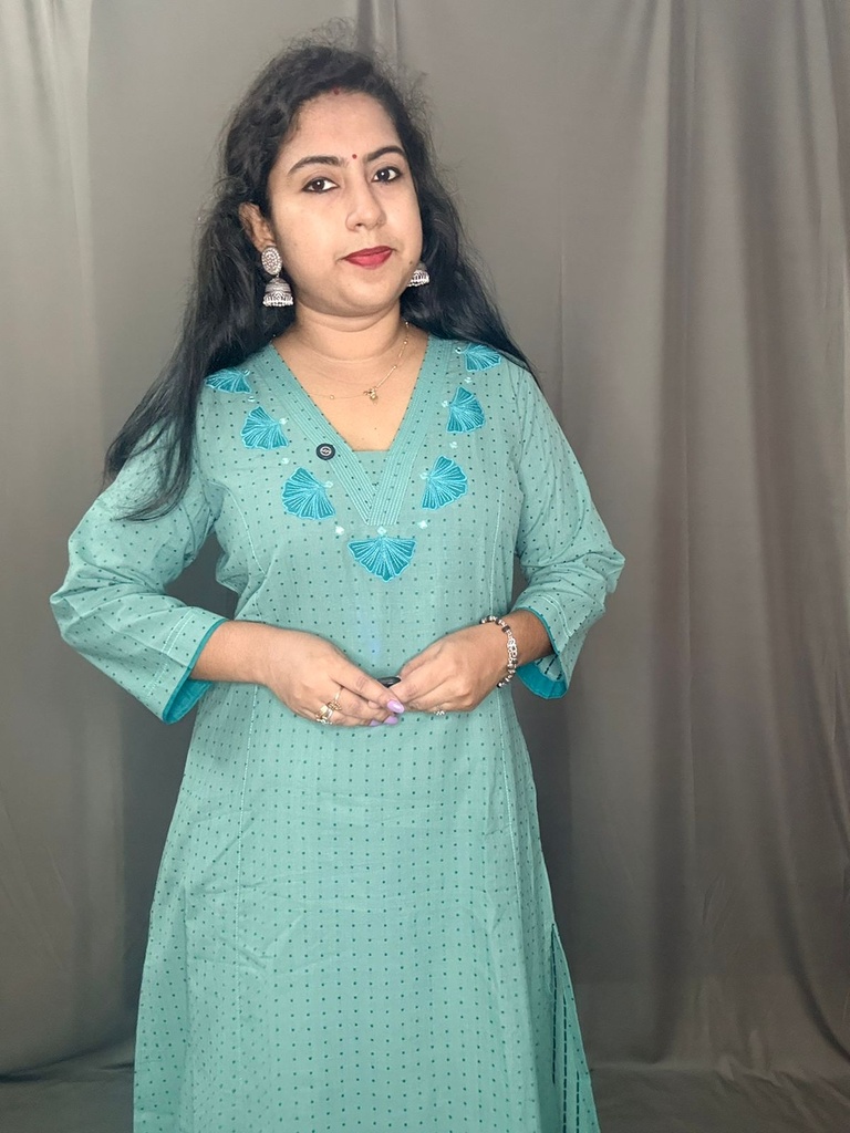 Anvita High V Neck Princesscut Appleque Work Aline Slit Kurti