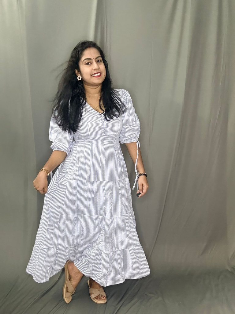  L0154 Cotton Linen Striped & Layered Dress