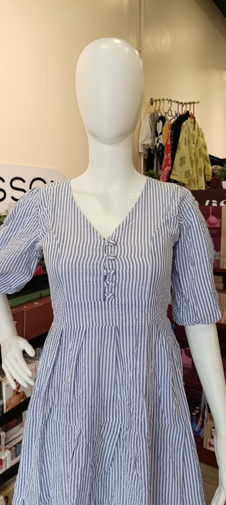  L0154 Cotton Linen Striped & Layered Dress