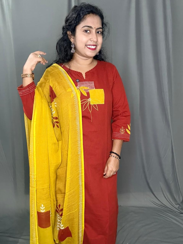 L0160 Anaya Reddish Appleque Work Slit 3PC Set