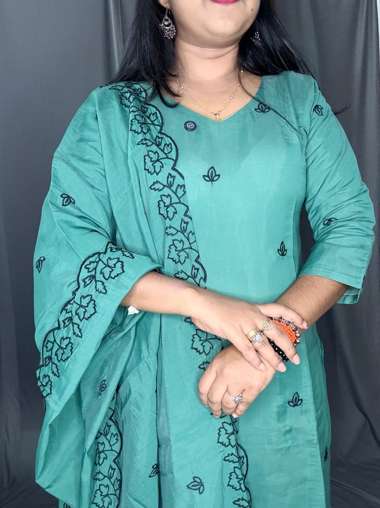 L0184 Green Mul Chanderi Embroidered 3PC Set