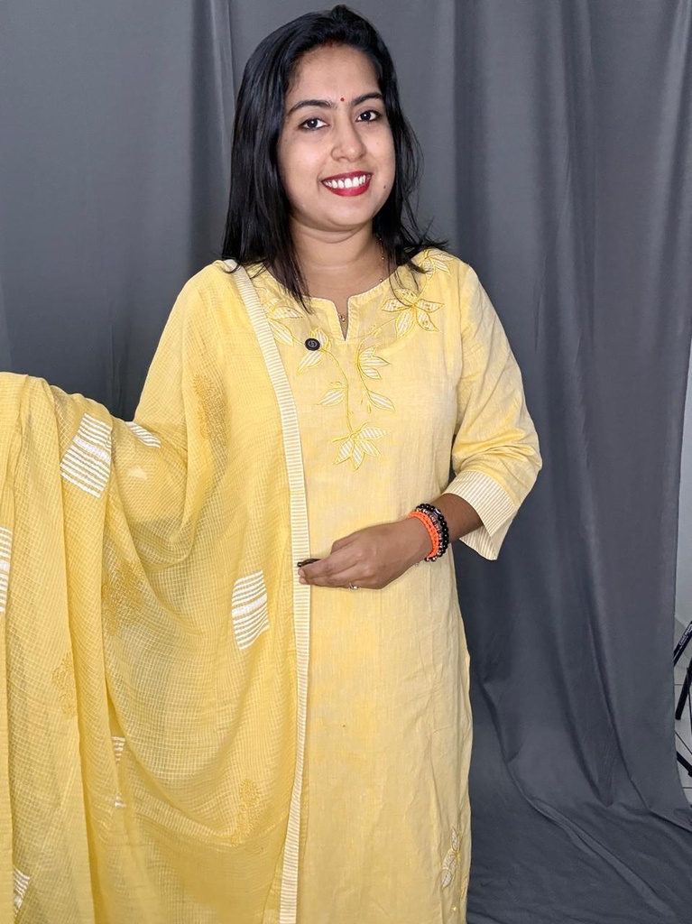 L0193 Anaya Yellow Appleque Work Slit 3PC Set