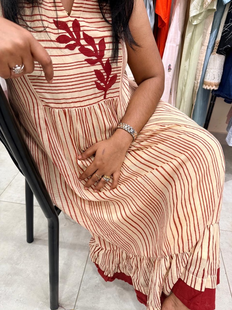 Anvita Mul-Cotton Beige & Brown Stripe Frock Short Sleeve
