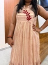 Anvita Mul-Cotton Beige & Brown Stripe Frock Short Sleeve