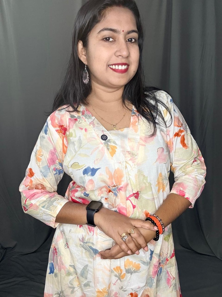 L0196 Cream Multi Color Cotton Aline Kurti