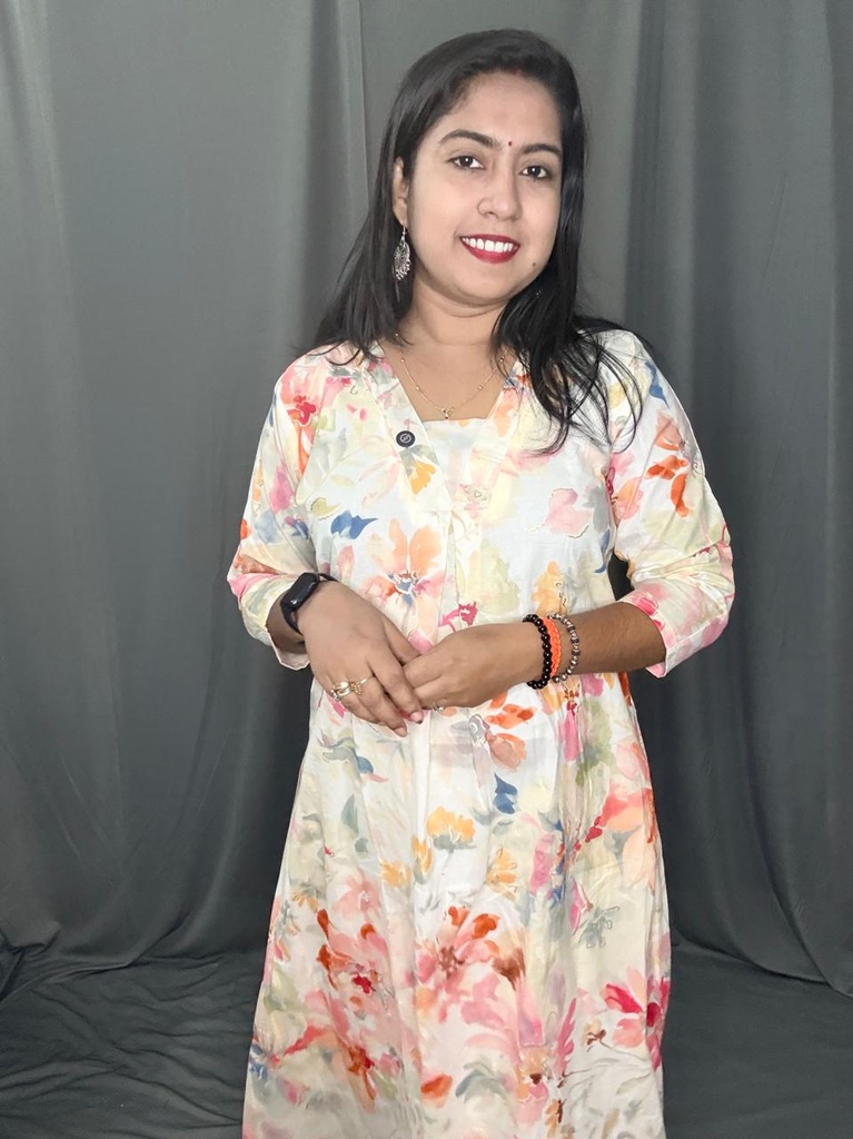 L0196 Cream Multi Color Cotton Aline Kurti