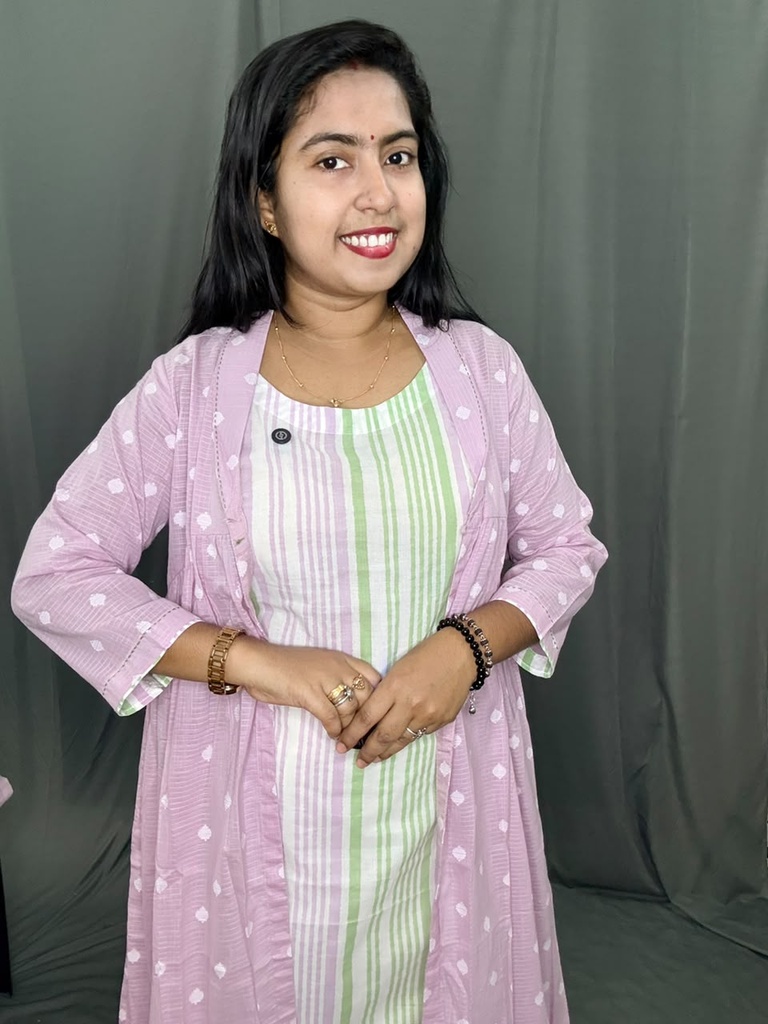 L0213 Anvita Cotton Strip Coloured Aline & Weaving Butta Overcoat Kurti