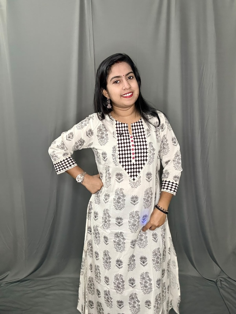 L0216 Anvita White & Black Printed Aline Slit Kurti