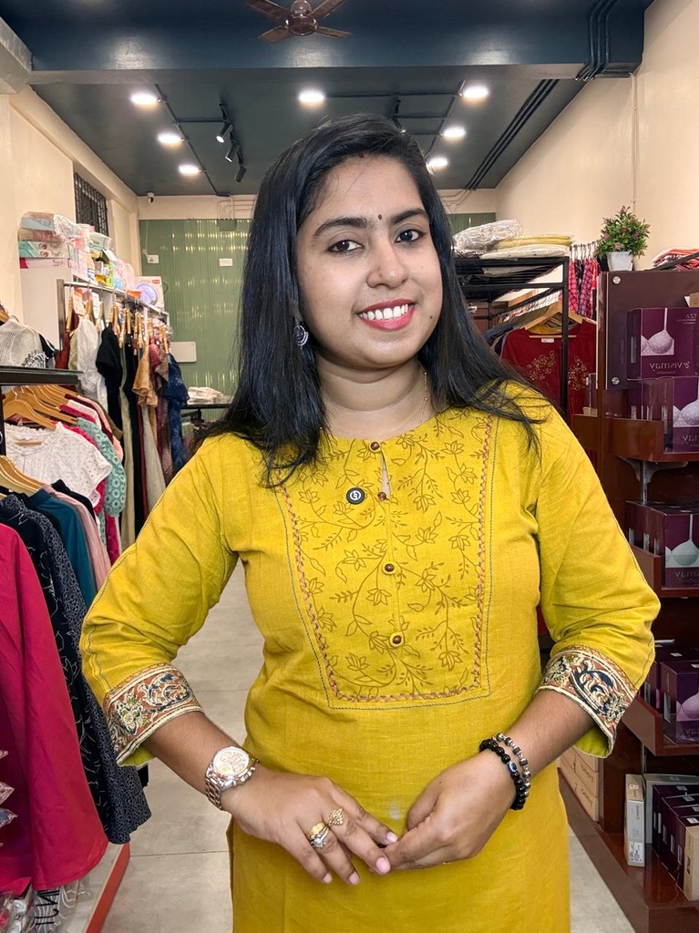 L0224 Anvita Mustard Kalamkari Patch Slit Kurti 