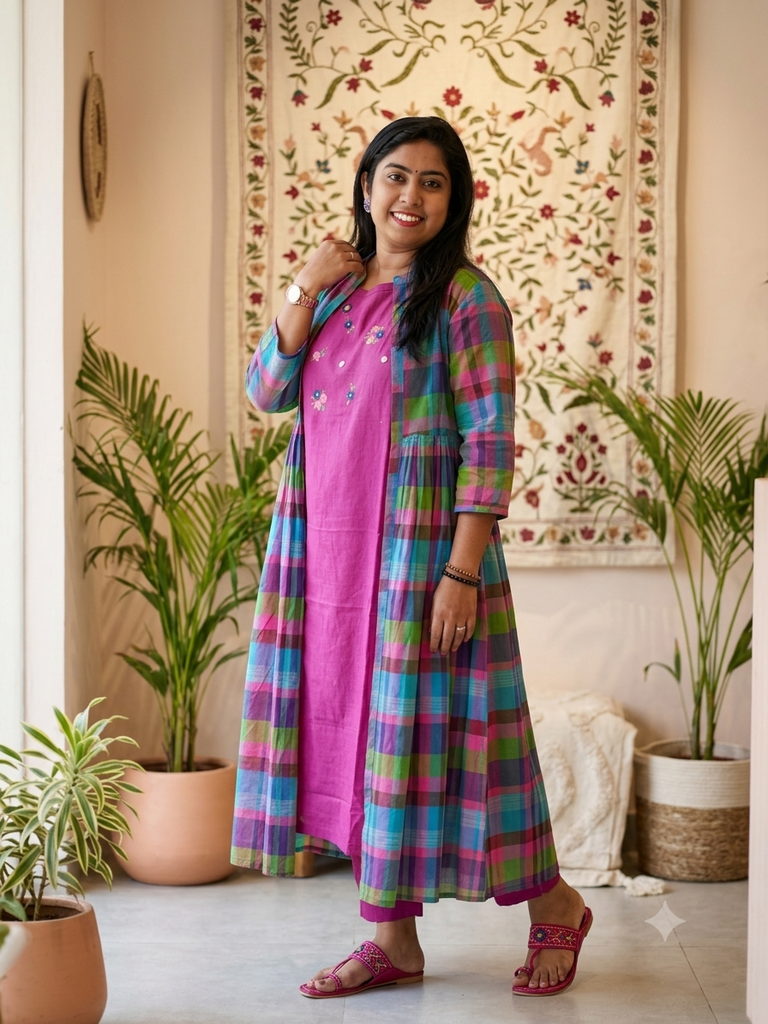 ANV030 Anvita Madras Checks Overcoat Kurti