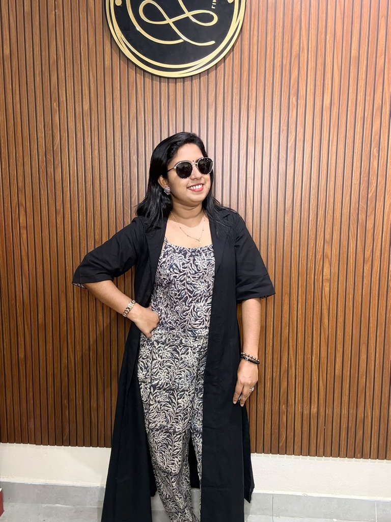 ANV028 Anvita Kalamkari Top & Bottom With Black Overcoat 3PC Set