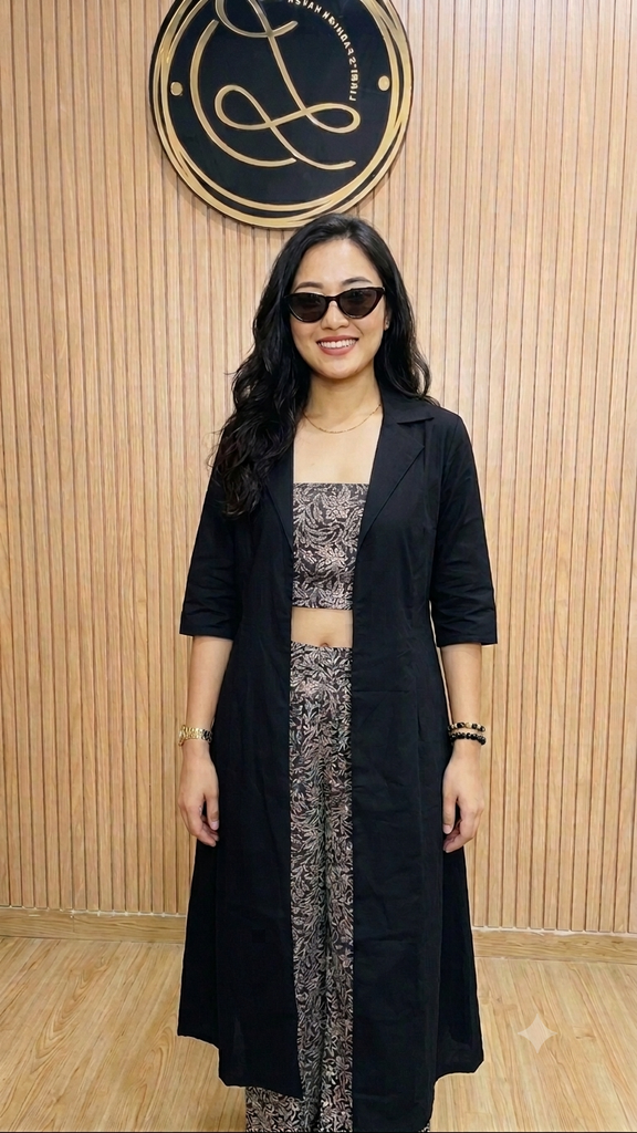 ANV028 Anvita Kalamkari Top & Bottom With Black Overcoat 3PC Set