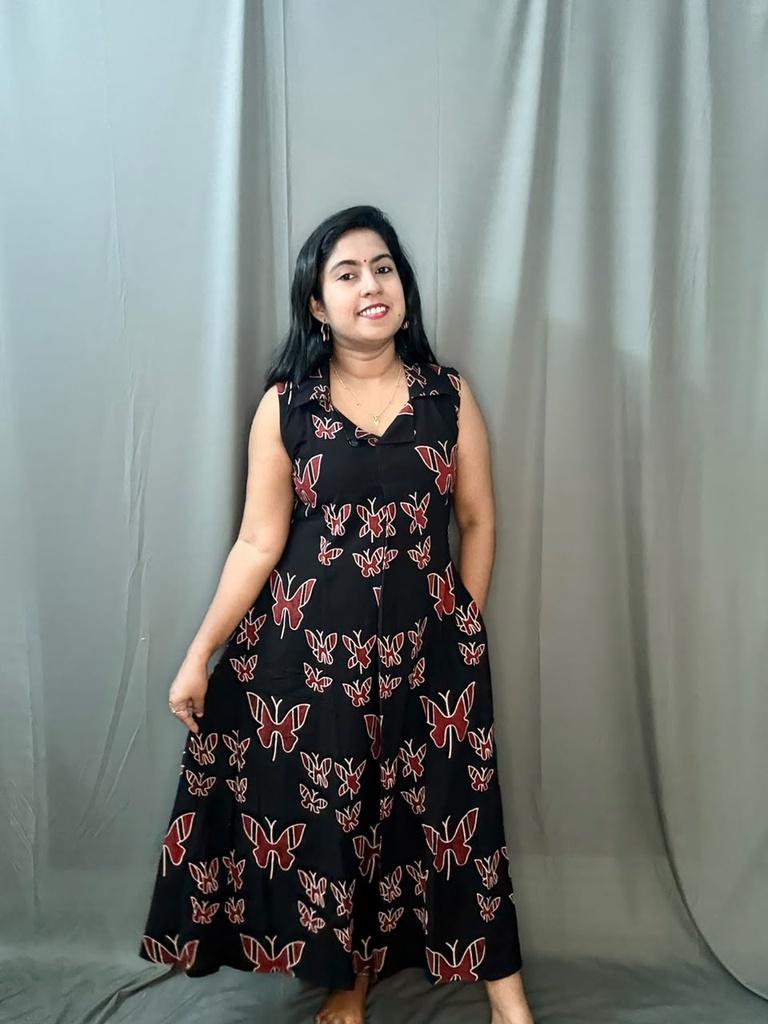 BHL004 Butterfly Print Shirt Collar Sleeveless Frock