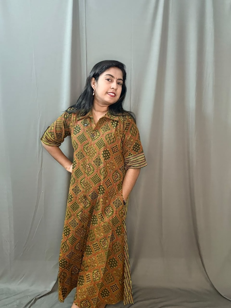 BHL001 Ajrakh Dual Print Shirt Collar Frock 