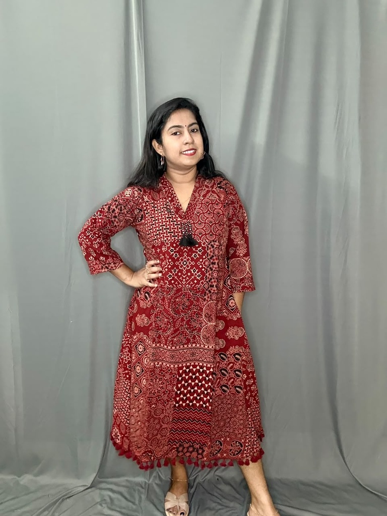BHL002 Maroon Ajrakh Print Aline Frock With Pompom Lace 