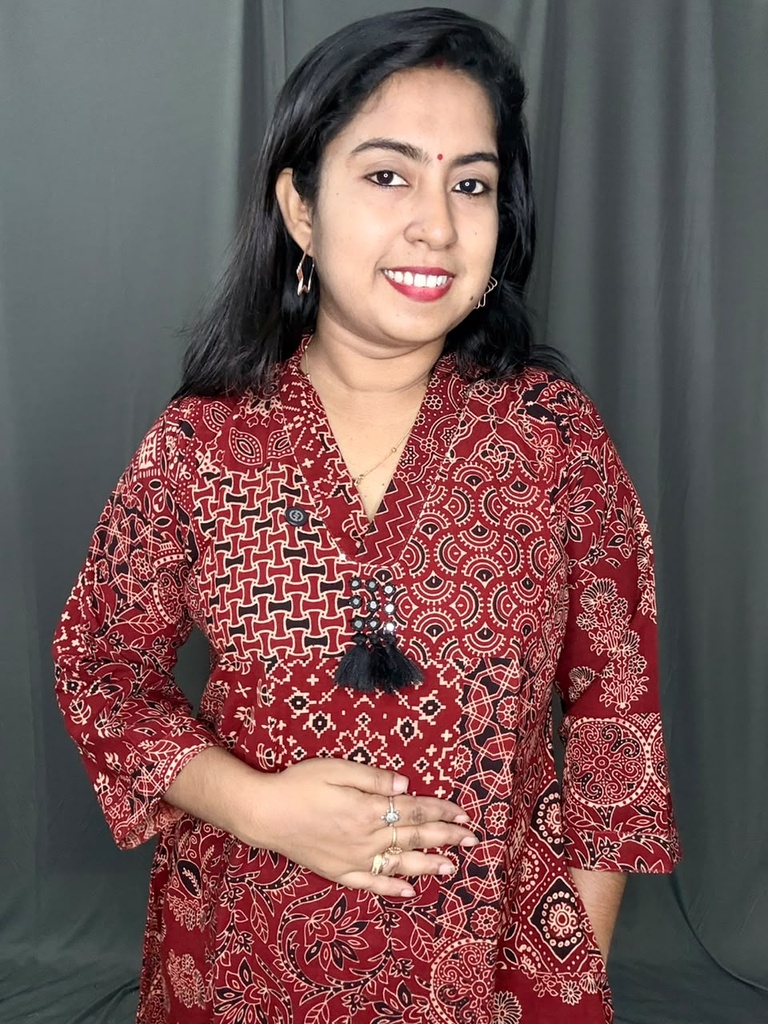 BHL002 Maroon Ajrakh Print Aline Frock With Pompom Lace 