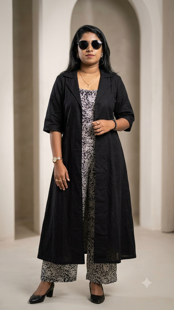 ANV028 Anvita Kalamkari Top & Bottom With Black Overcoat 3PC Set