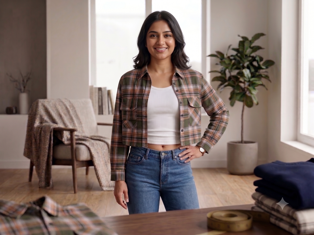 RF002 Olive Checked Crop Shirt