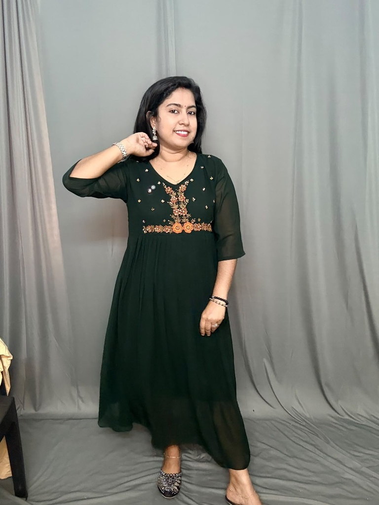 MFBL020 Dark Green Georgette Heavy Hand Work Aline Kurti