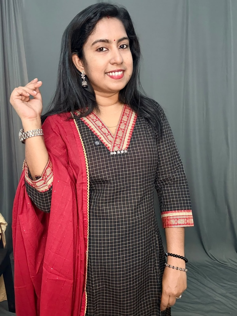 ANV027 Anvita Black Checked Aline 3PC Set With Kanchi Border V-Neck and Hemline