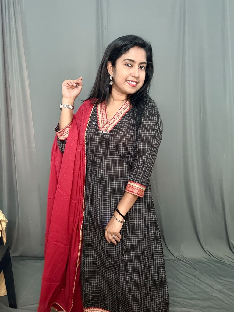 ANV027 Anvita Black Checked Aline 3PC Set With Kanchi Border V-Neck and Hemline