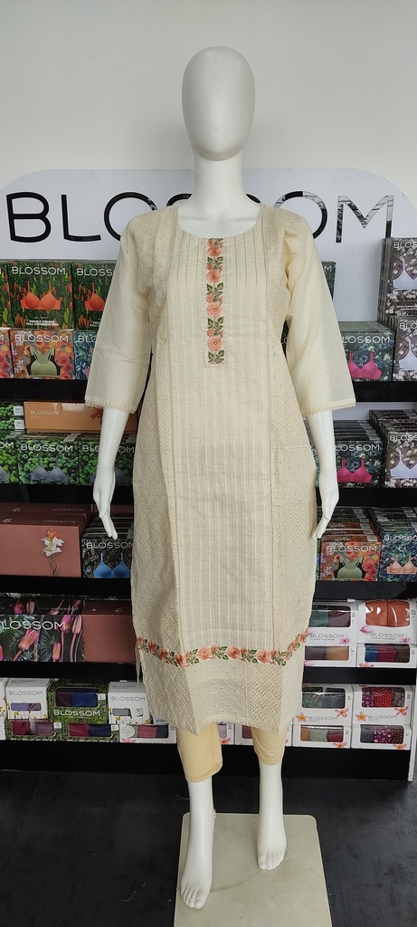 Farishta Kerala Cream Kora Cotton Hakoba Embroidery Slit Kurti