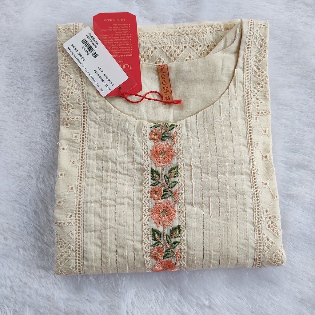 Farishta Kerala Cream Kora Cotton Hakoba Embroidery Slit Kurti