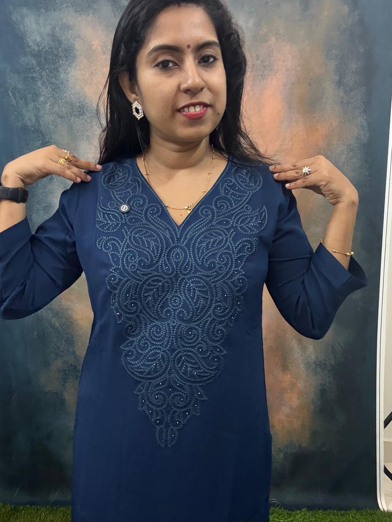 Farishta Navy Premium Wrinkle Rayon Self Thread Embroidery Slit Kurti 