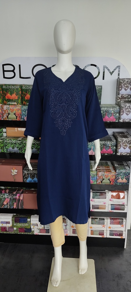 Farishta Navy Premium Wrinkle Rayon Self Thread Embroidery Slit Kurti 