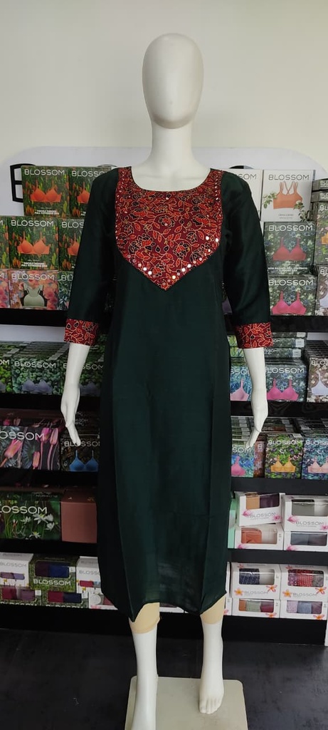 Slub Silk With Ajrakh Pach Slit Kurthi 