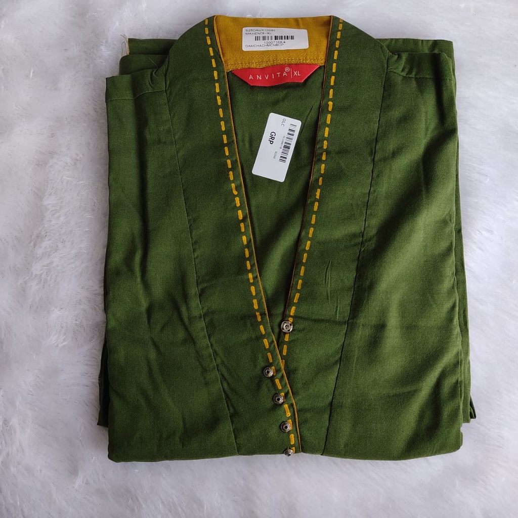 Anvita Green Yellow 6 Panel Aline High Neck Kurti