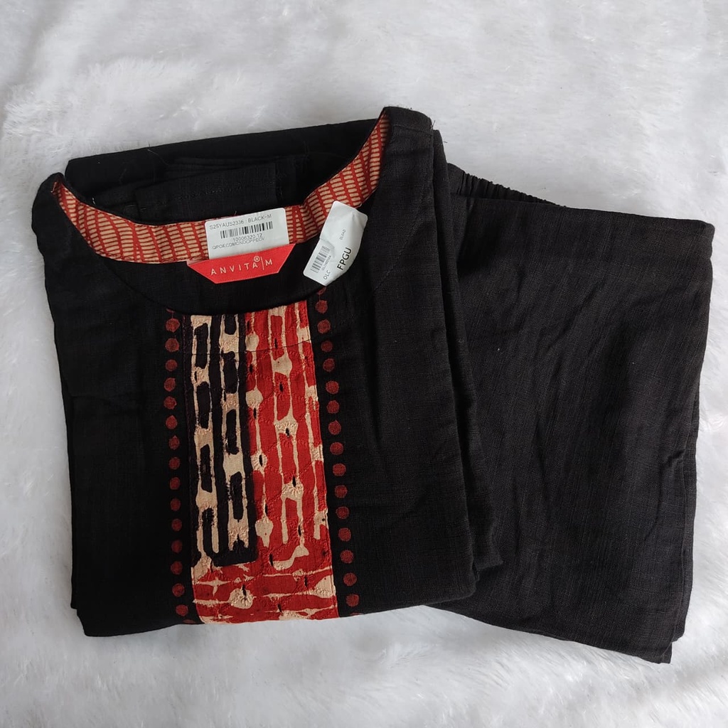 Anvita Black Brick Red Patch 6 Panel Aline Slit Kurti & Bottom 