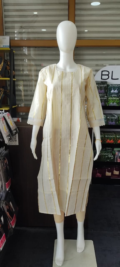 Cotton Golden Stripes Lace Work Slit Kurti