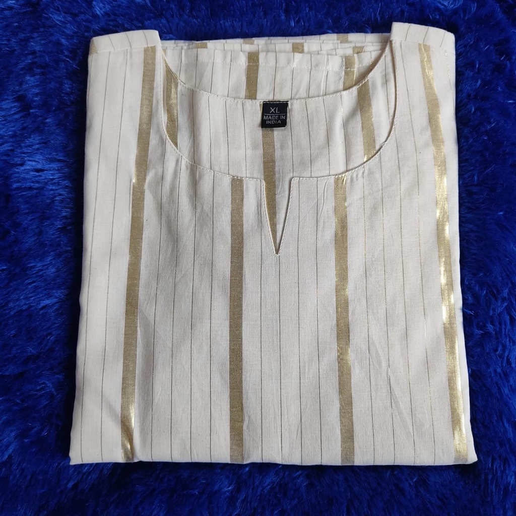 Cotton Golden Stripes Lace Work Slit Kurti