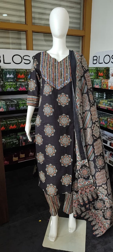 Cotton Ajrakh Print Handwork Slit 3PCS Set 