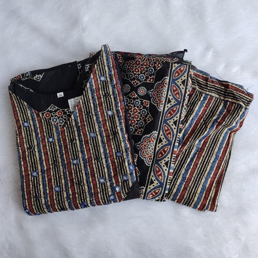 Cotton Ajrakh Print Handwork Slit 3PCS Set 
