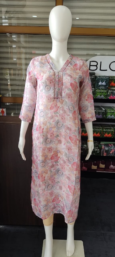 Anvita Peach Floral Handwork Slit Kurti 
