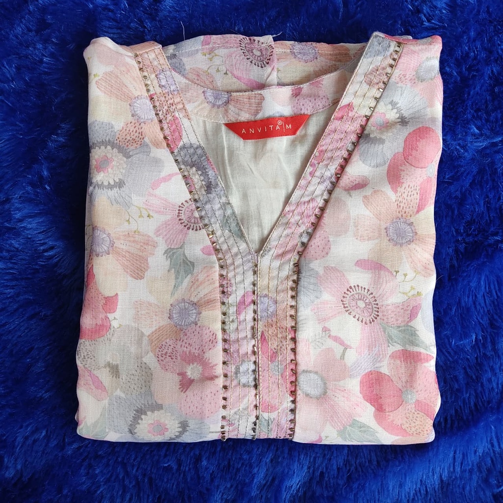 Anvita Peach Floral Handwork Slit Kurti 