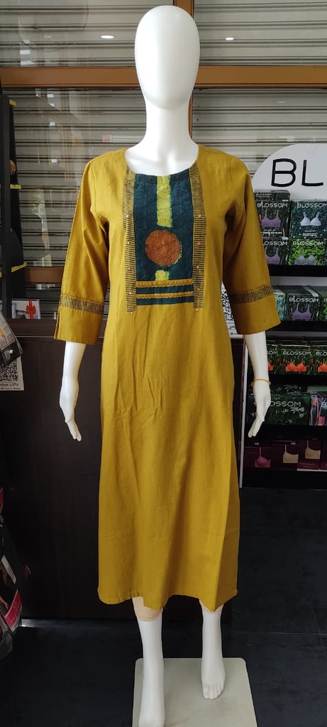 Anvita Mustard Yellow Hakoba Patch Slit Kurti 