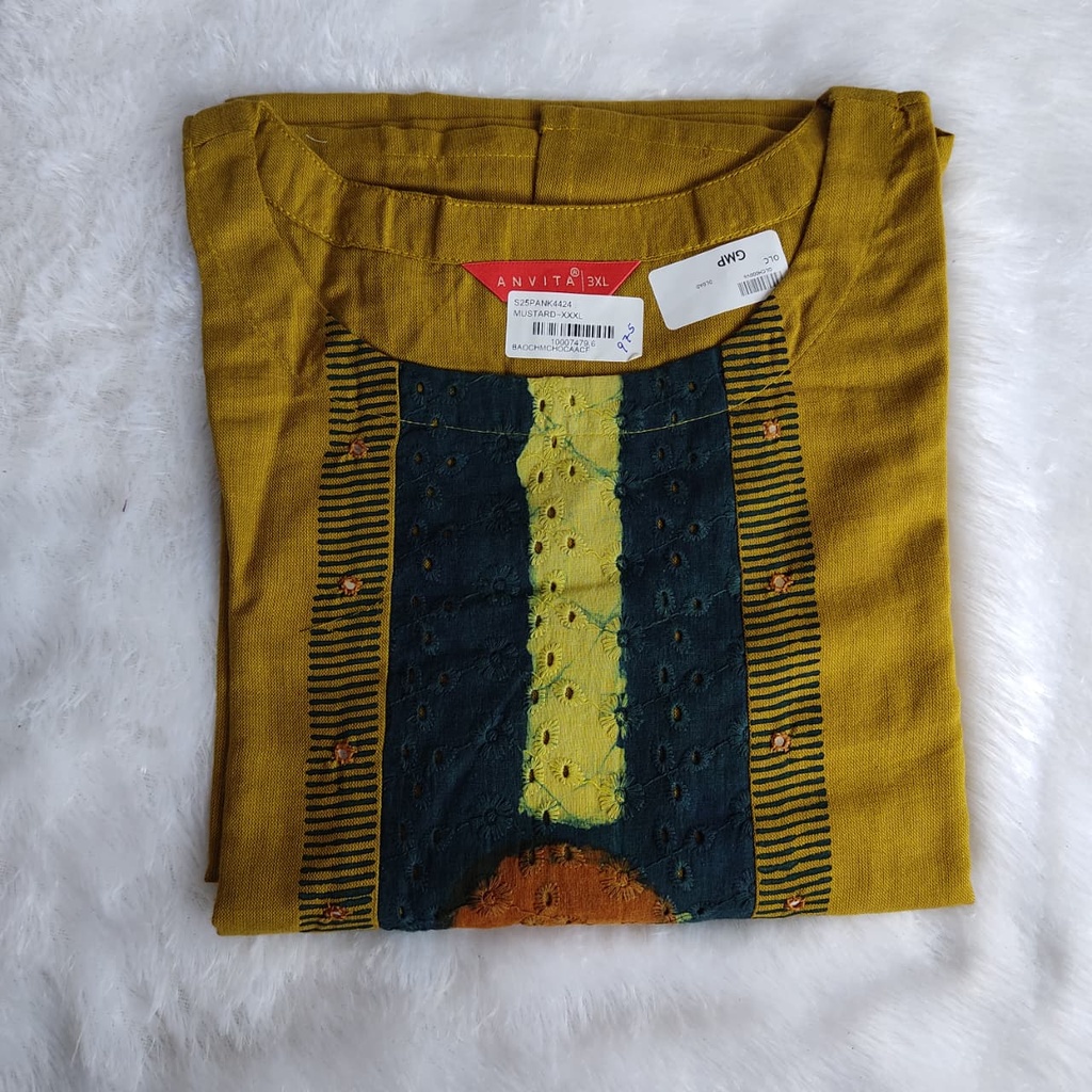 Anvita Mustard Yellow Hakoba Patch Slit Kurti 