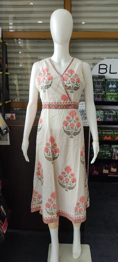 White&Pink Cotton Sanganeri Priint Aline Sleveless Top