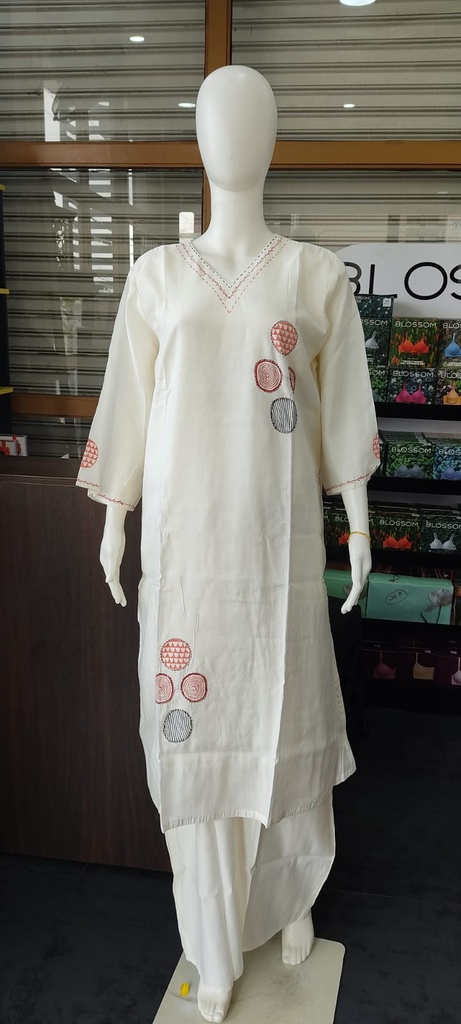 White & Red Semi Modal V Neck 3PC Slit Kurti 
