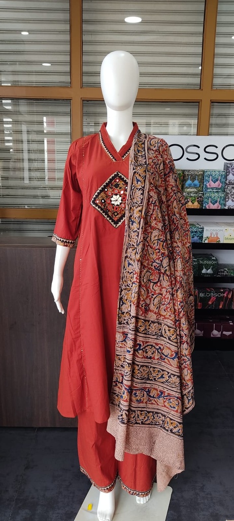 Premium Cotton & Kalamkari with High Neck 3 Panelcut Applequie and Mirror Work Aline Kurti  