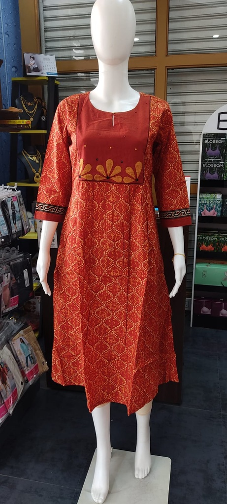 Anvita Rust Color Front Pleats With Applique Work 6 Panelcut Aline Slit Kurti
