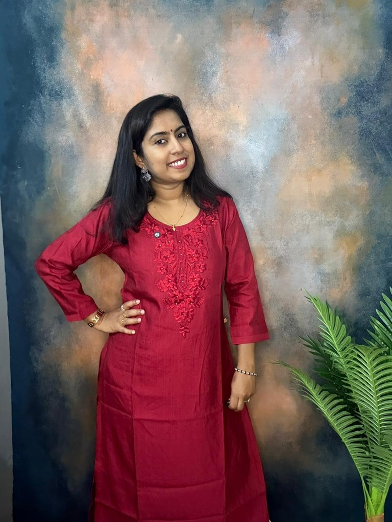 Maroon Butta Weaving Cotton Self Thread Chikankari Slit Kurti