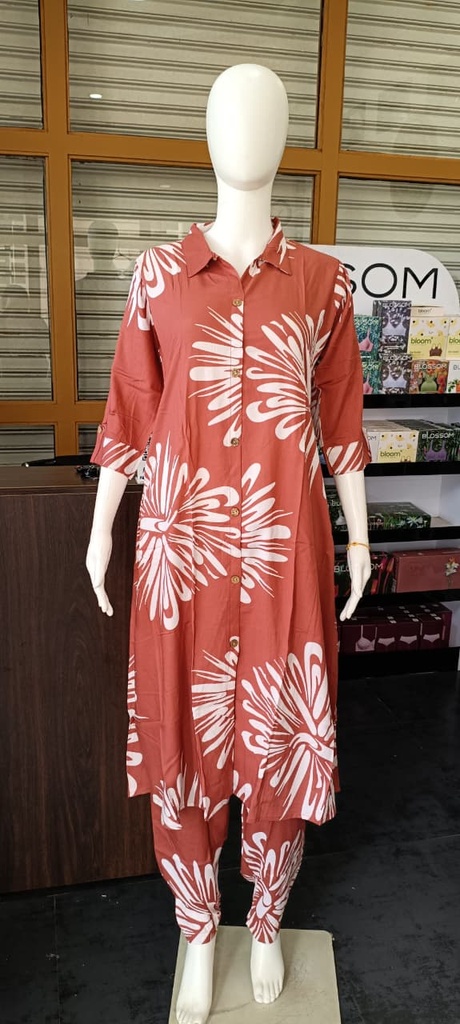 Rust White Printed Premium Rayon Collar Aline Coordset