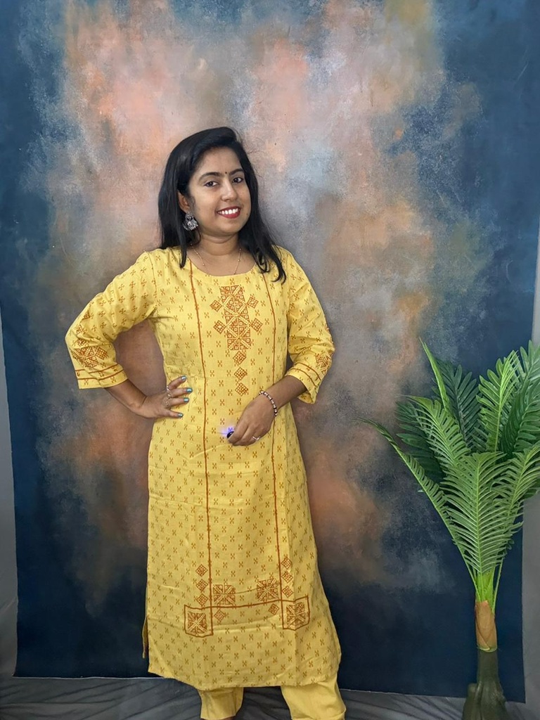 Anvita Sandal Yellow Color and Maroon Paint Work Slit Kurti With Semi Palazzo Pant
