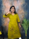Anvita Mustaurd Yellow V Neck Threadwork and Paint Work Princesscut Aline Slit Kurti With Pocket 