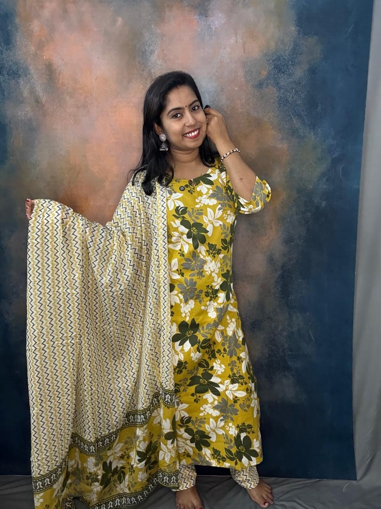 Yellow Green Pure Cotton Floral Printed Slited 3pc Set 