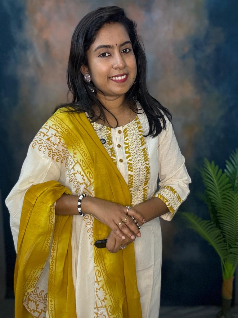 Anaya Offwhite Khadi Cotton Yellow Yoke Work 3pc Slit Kurti With Pocket